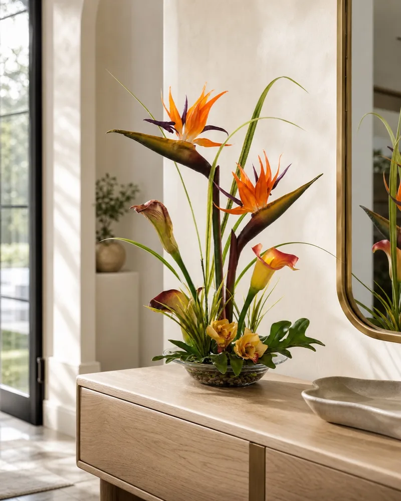 Bird of Paradise & Calla Lily centerpiece on a modern entryway console
