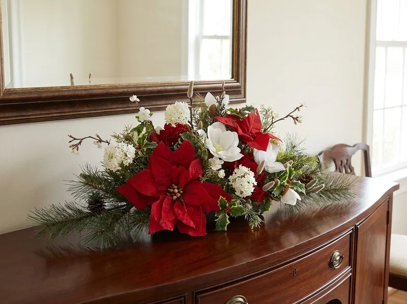 Holiday Tradition silk Christmas centerpiece on a sideboard
