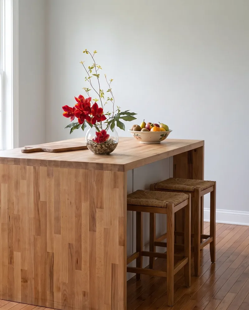 Cymbidium Orchid and Monstera Leaf silk arrangement in Burgundy Orange on a kitchen island