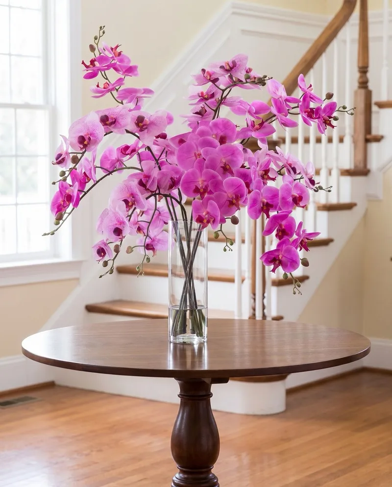 Grand Phalaenopsis silk orchid arrangement in Two Tone Fuchsia on a round pedestal table in an entry foyer