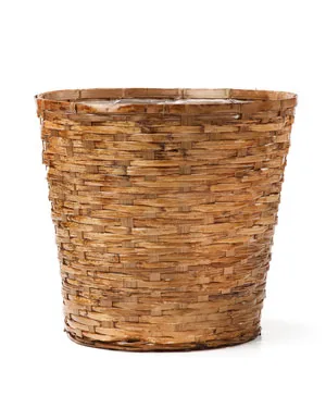 Wicker basket planter in wood stain