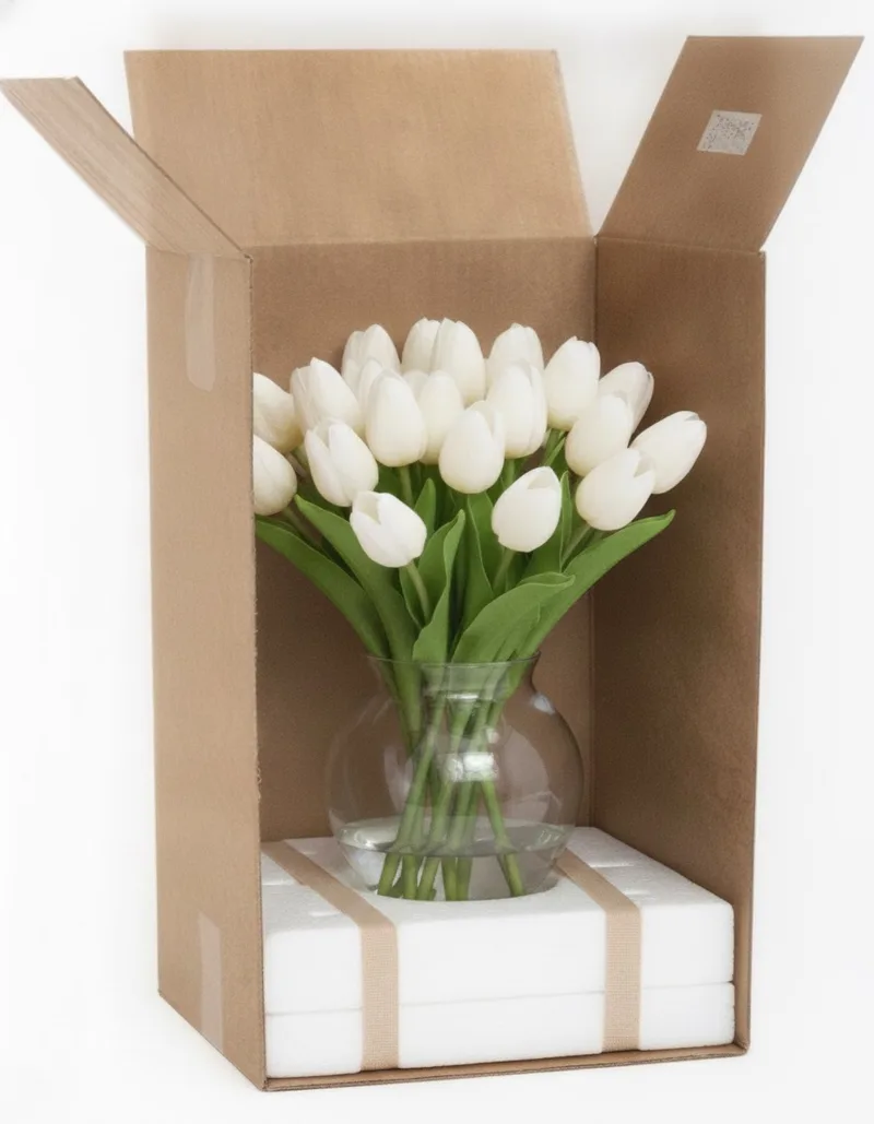 Garden Tulip bouquet secured in its foam cushion inside the shipping carton