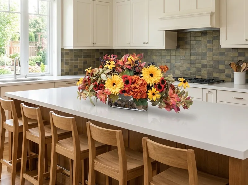 Hydrangea, zinnia and daisies silk centerpiece on a kitchen island