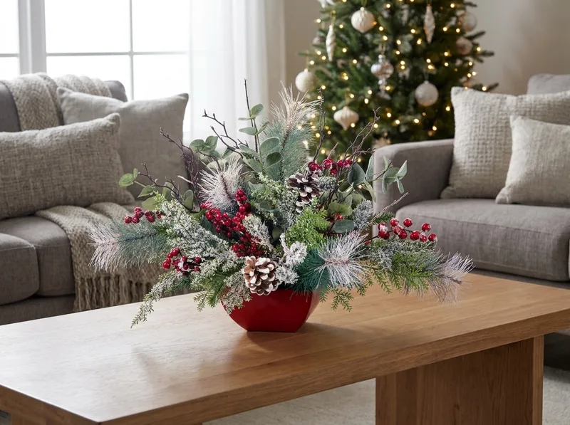 Winterberry Frost silk holiday centerpiece on a coffee table