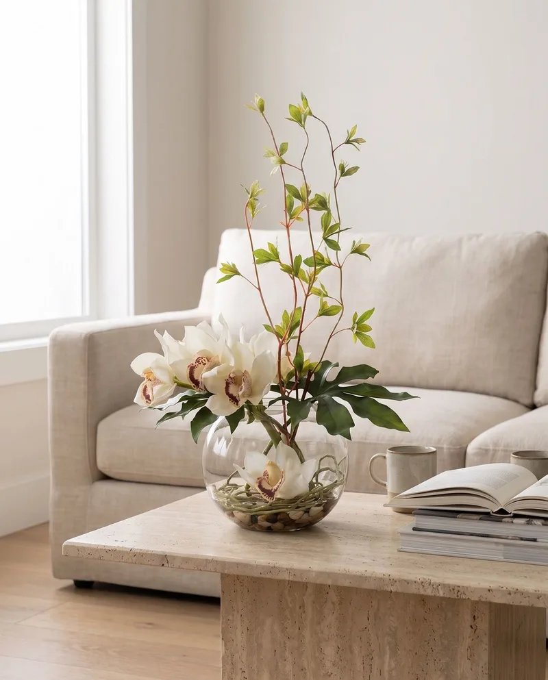 Cymbidium Orchid and Monstera Leaf silk arrangement in Cream White on a coffee table