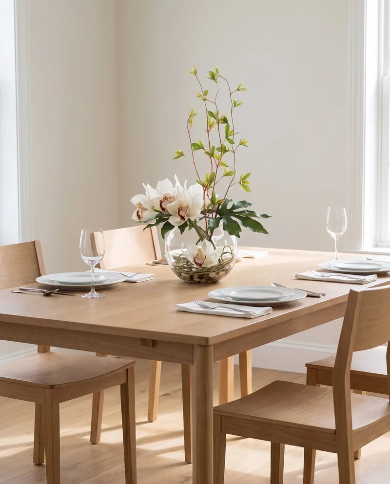 Cymbidium Orchid and Monstera Leaf silk arrangement in Cream White on a dining table set with place settings