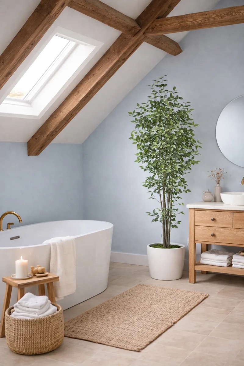 Greenhouse ficus in a wicker basket in a boho living room