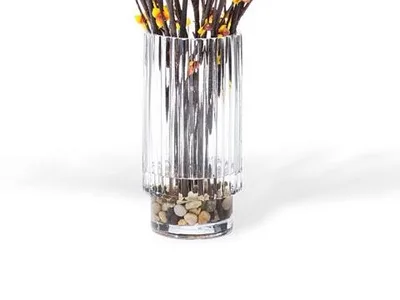 Ribbed glass cylinder vase holding clear acrylic water around the stems