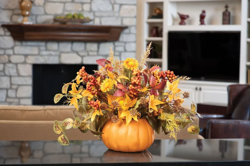Pumpkin Harvest centerpiece styled in a living room