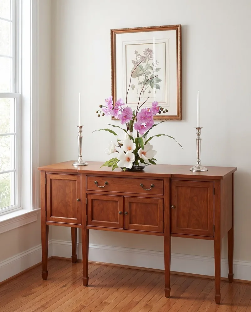 Magnolias and Orchids silk flower arrangement on a sideboard
