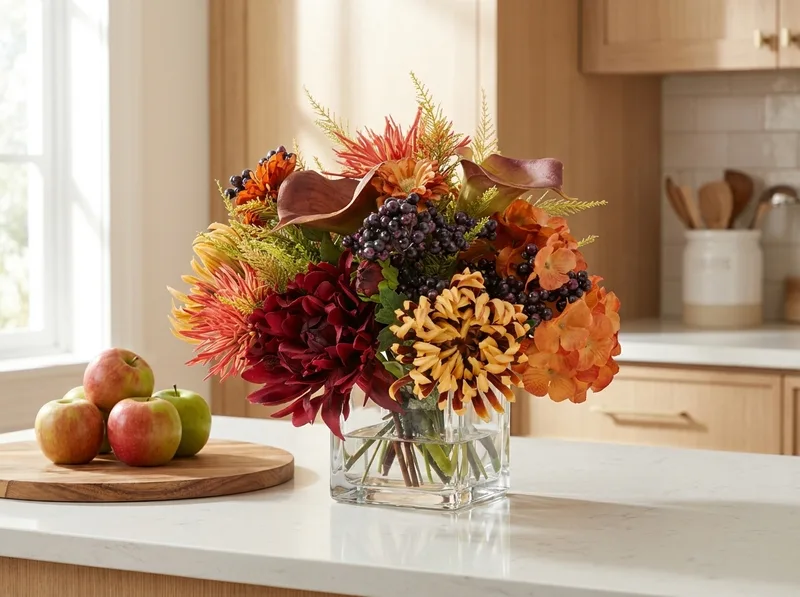 Spider mum and blackberries silk flower centerpiece on a kitchen counter