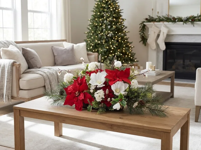 Holiday Tradition silk Christmas centerpiece on a coffee table