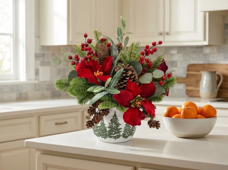 Plush velvet poinsettia silk Christmas bouquet on a kitchen counter
