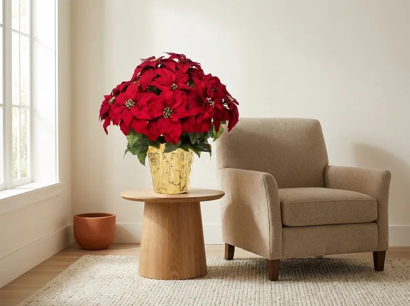 Premier silk poinsettia, large on a side table