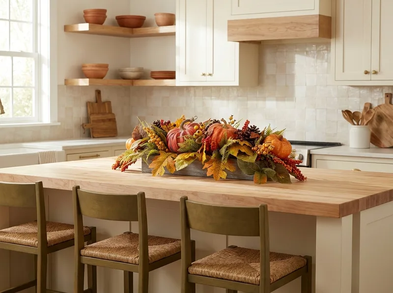 Pumpkins and berries silk autumn centerpiece on a kitchen island