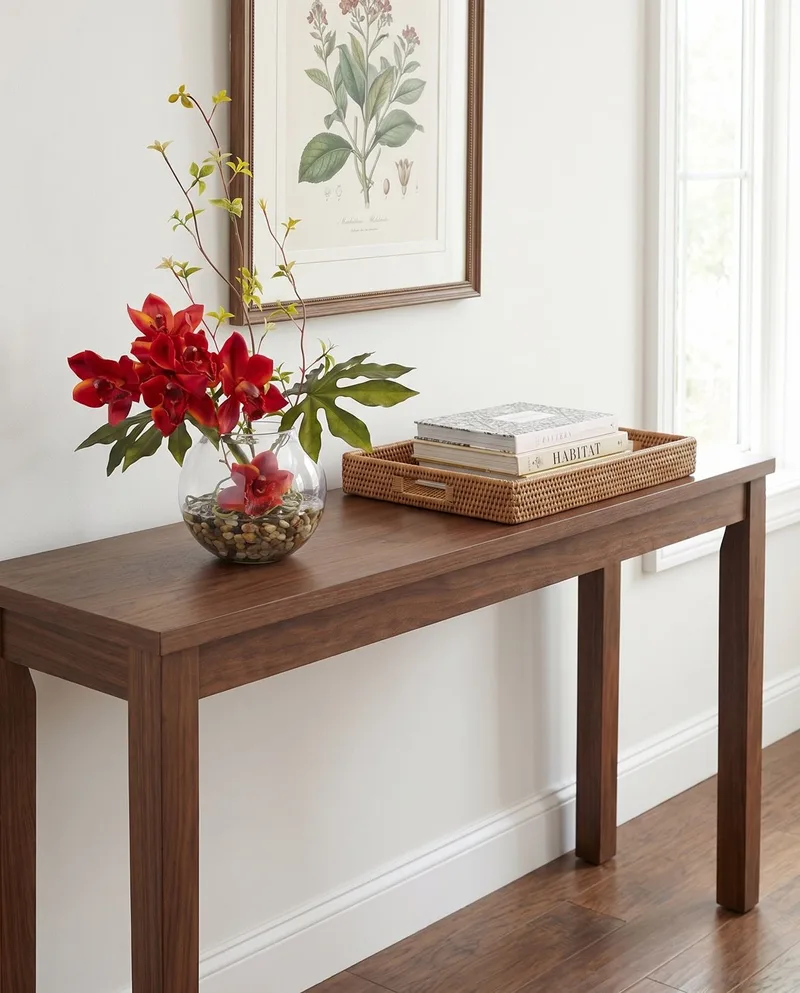 Cymbidium Orchid and Monstera Leaf silk arrangement in Burgundy Orange on an entry table