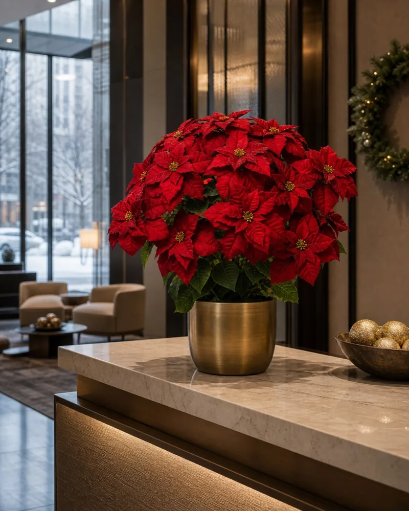Premier Silk Poinsettia at an office reception desk
