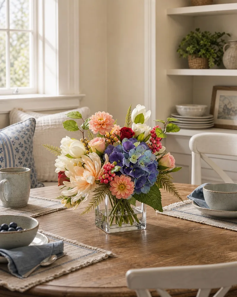 Pastel Dahlia, Hydrangea &amp; Berries centerpiece on a breakfast table
