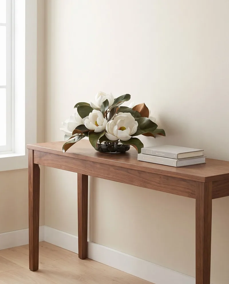 Magnolia silk flower centerpiece on a walnut entry console beside a stack of books