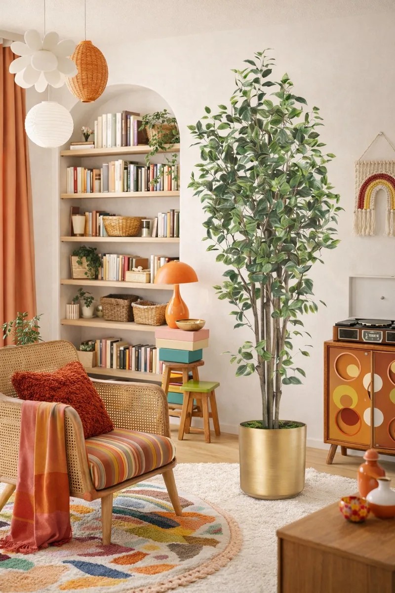 Ficus tree in a warm bohemian space with woven textures and natural light