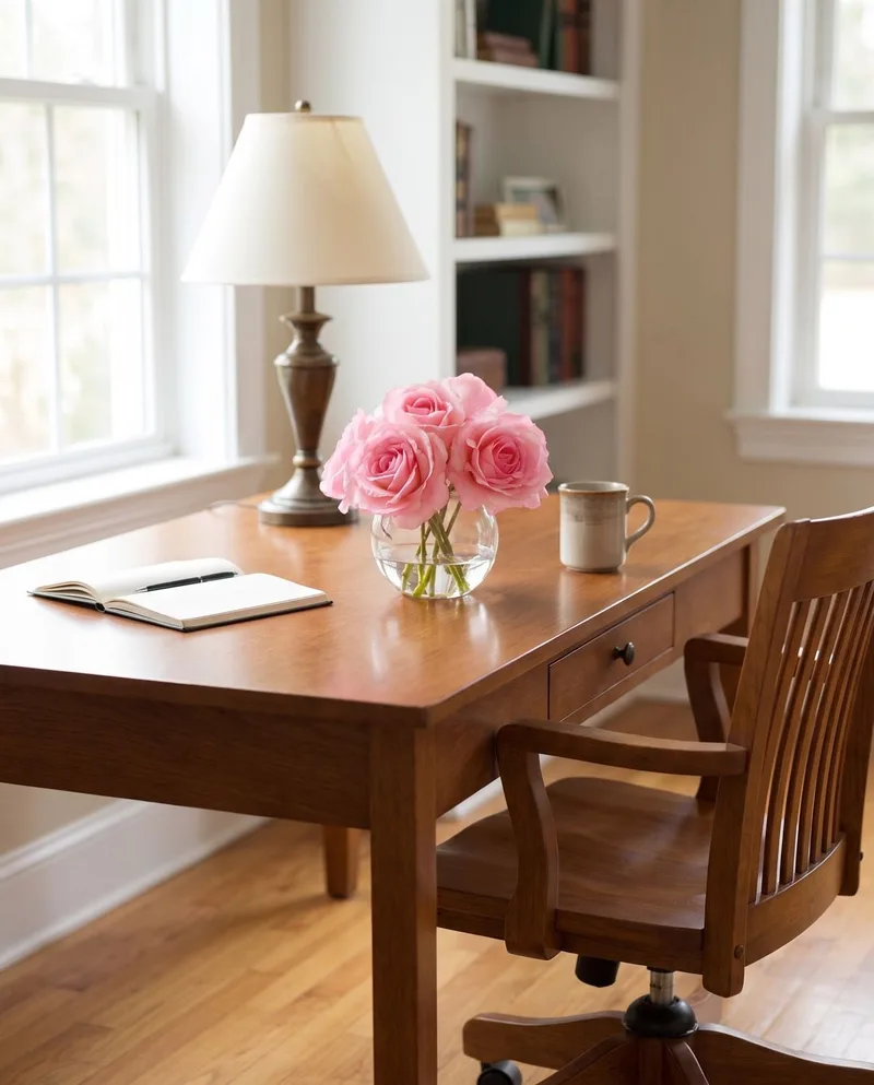 Rose Nosegay silk flower arrangement in Pink on a writing desk