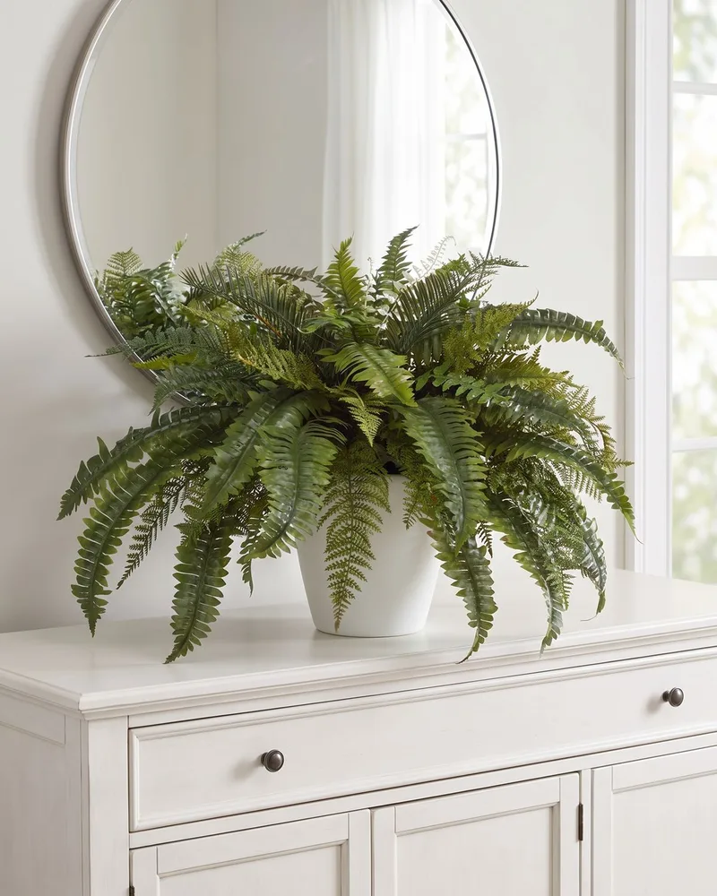 Premier Fern silk plant on a white sideboard under a round mirror in a dining room