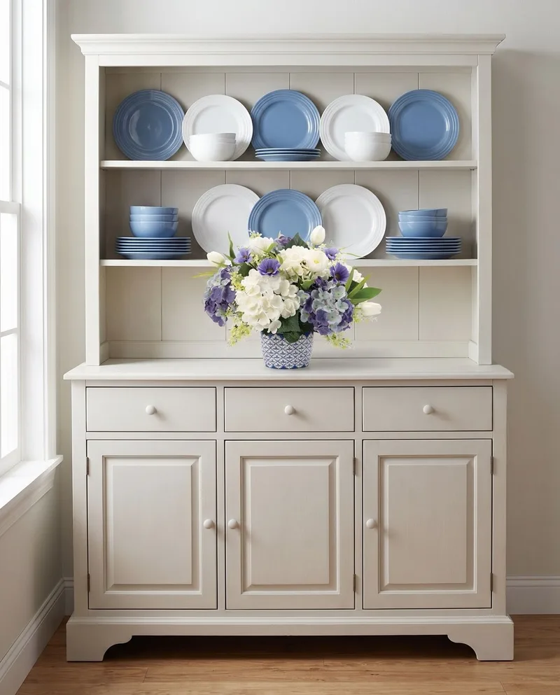 Blissful Blue and White silk flower centerpiece in its Delft pot on a painted hutch with blue and white plates
