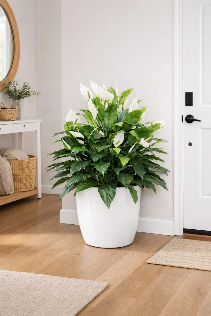 Peace lily plant in a bright entryway next to a console table