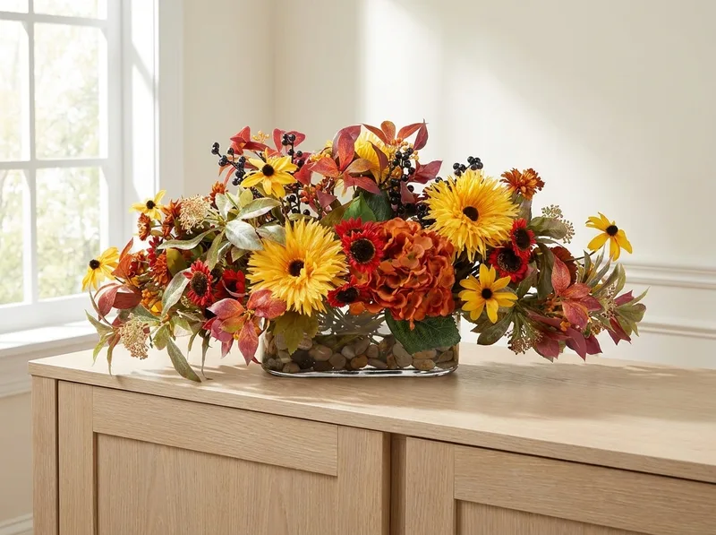 Hydrangea, zinnia and daisies silk centerpiece on a sideboard