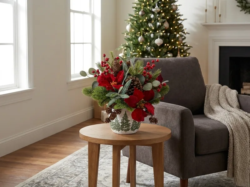 Plush velvet poinsettia silk Christmas bouquet on a side table