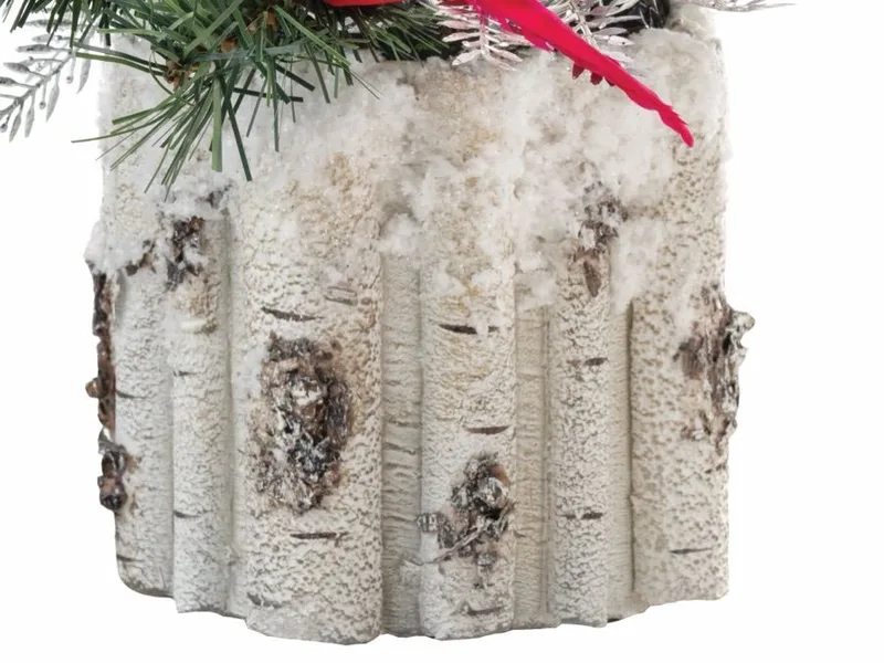 Close-up of the faux birch planter, bark texture and snowy rim