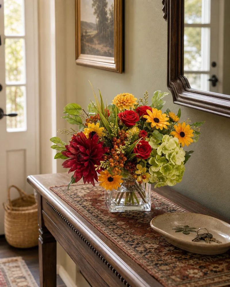 Red &amp; yellow Dahlia, Hydrangea &amp; Berries centerpiece on an entry console