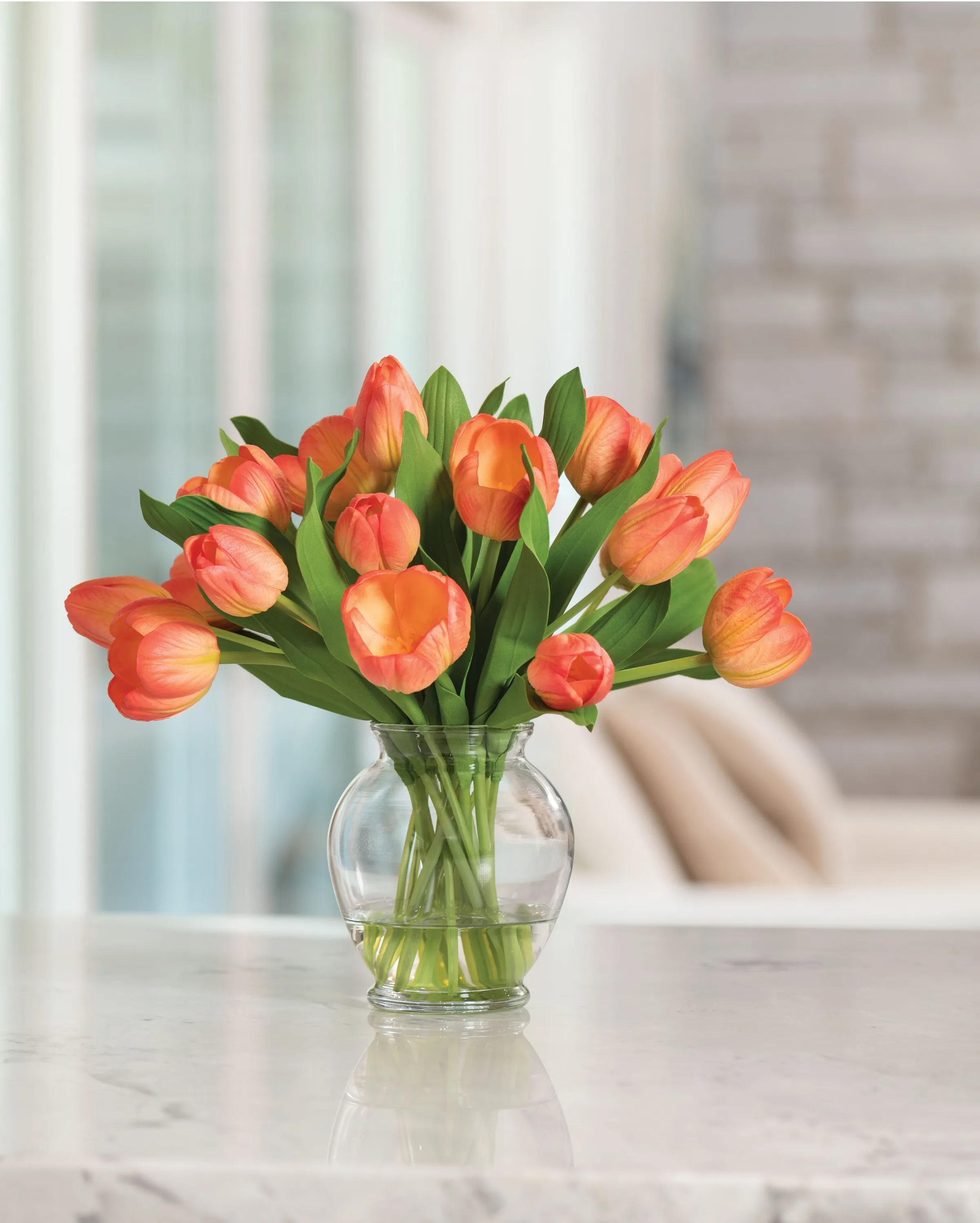Garden Tulip faux flower bouquet in a styled living room setting