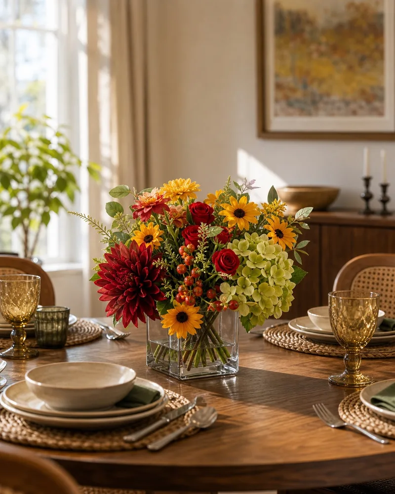 Red &amp; yellow Dahlia, Hydrangea &amp; Berries centerpiece on a small dining table