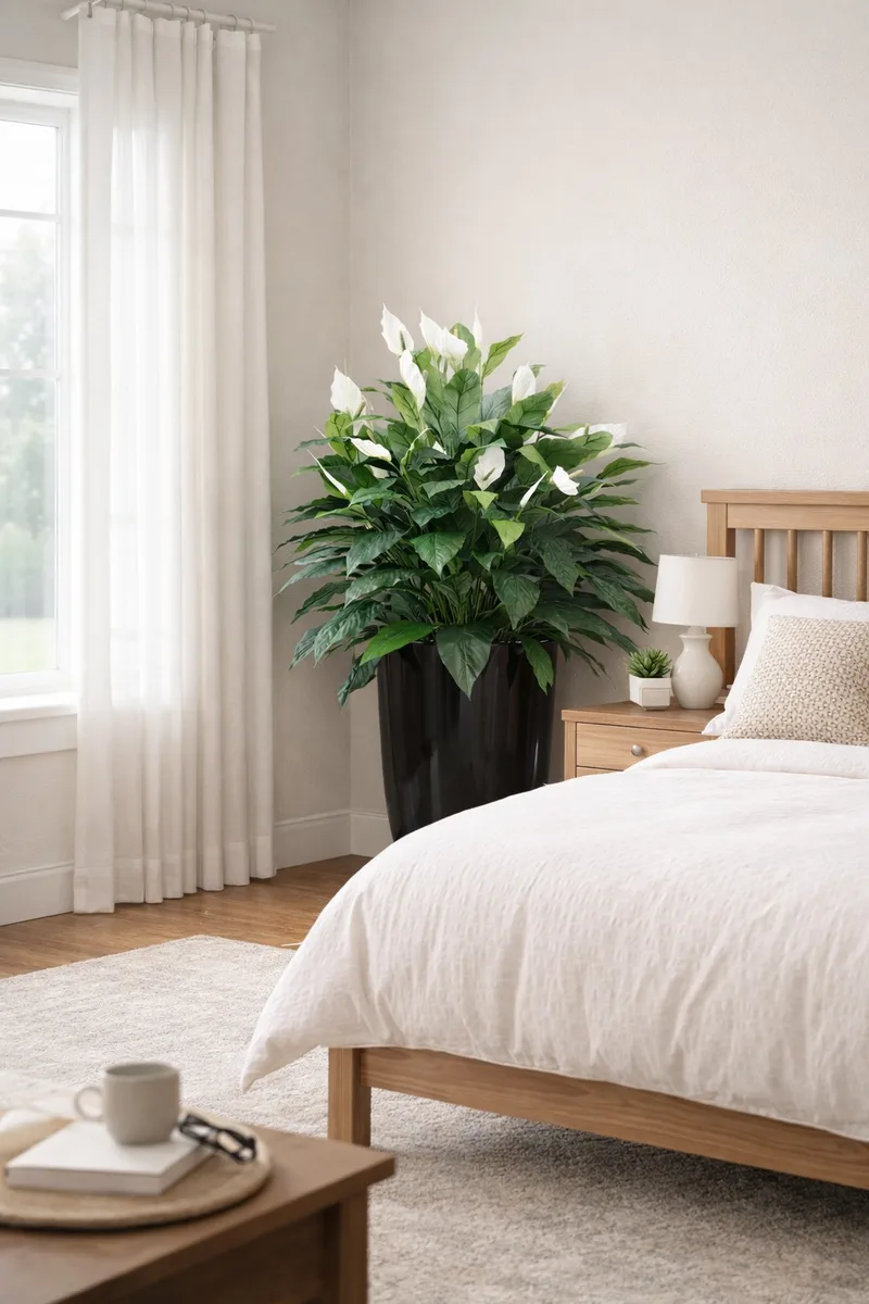 Peace lily plant in a bright bedroom corner