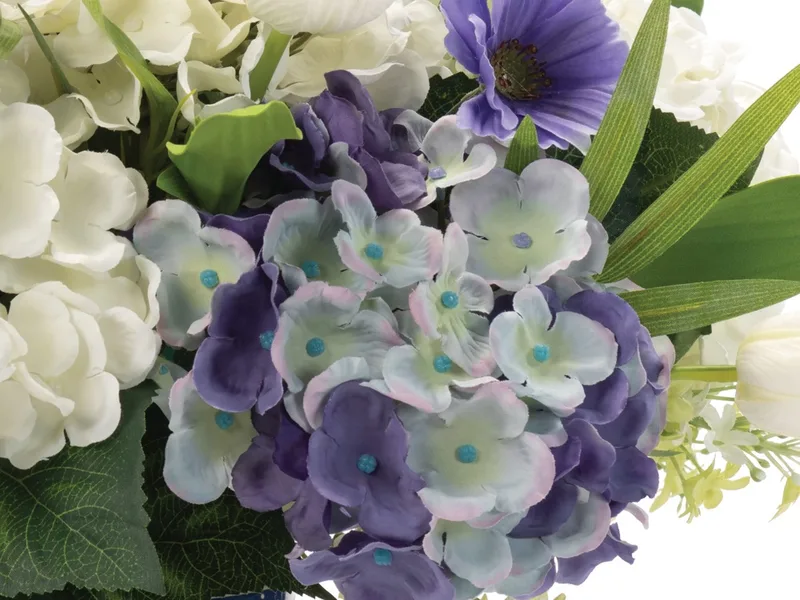 Close-up of blue and white silk hydrangea heads