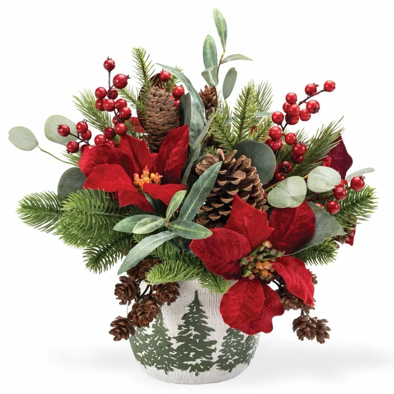 Plush Velvet Poinsettia, Pine & Berries silk Christmas bouquet — product dimensions