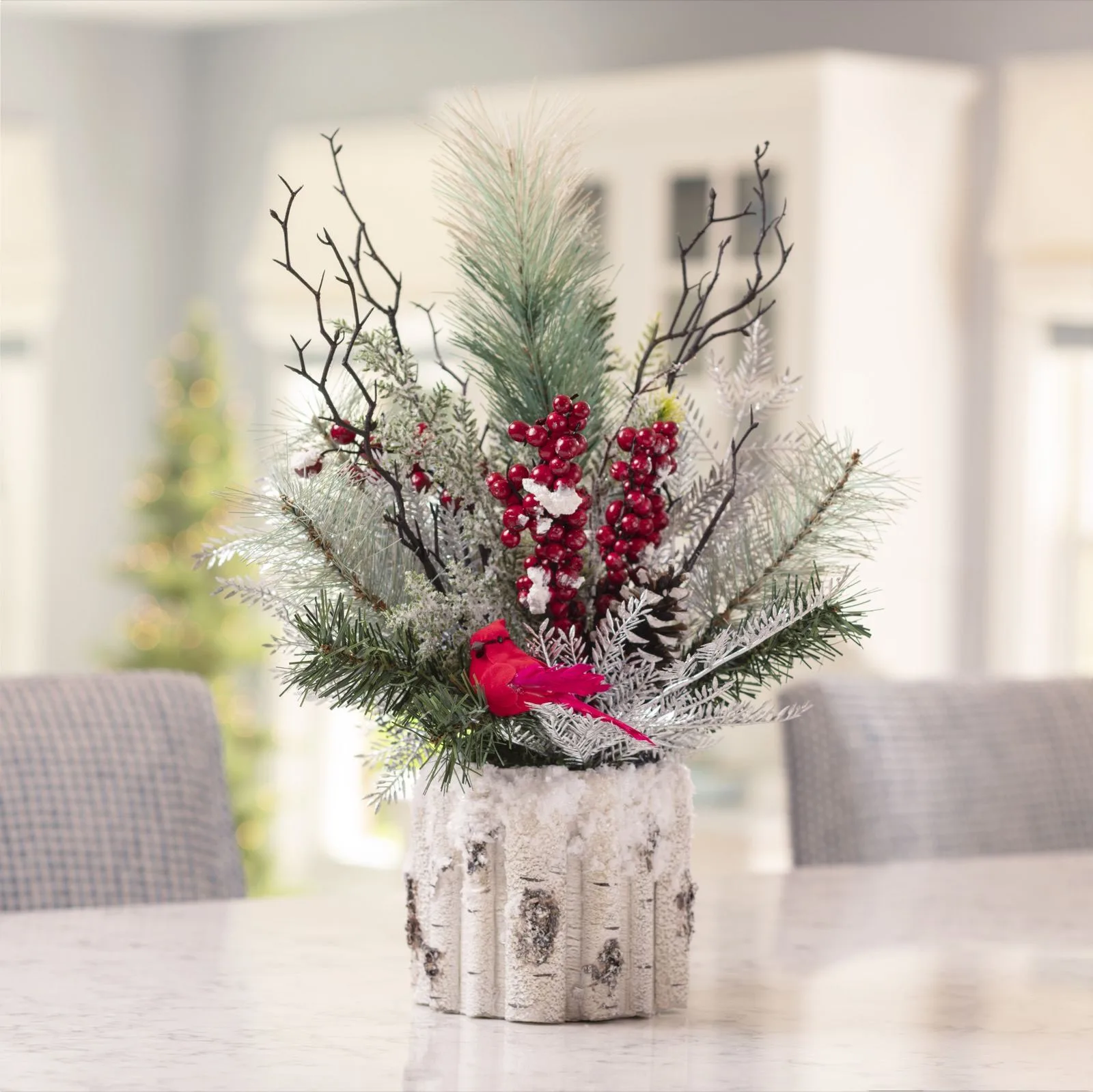 Winter Woods silk holiday accent on a table beside a lit Christmas tree