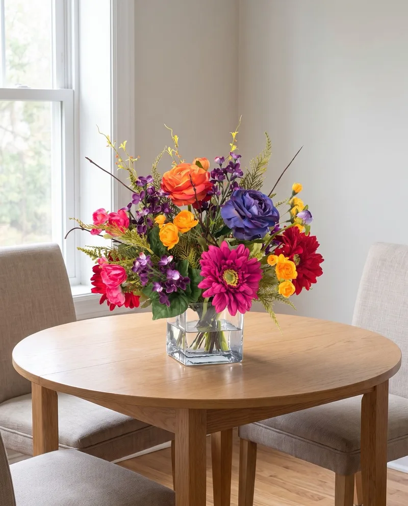 Festive Mood silk flower centerpiece on a round oak breakfast table by a window