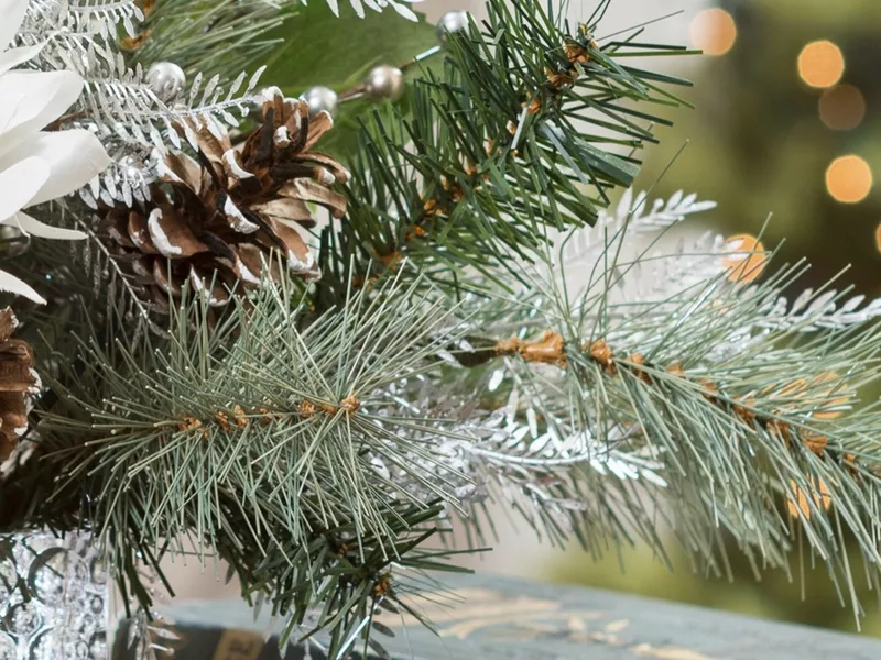 Close-up of frosted silk pine needles and a silvered fern frond with cones