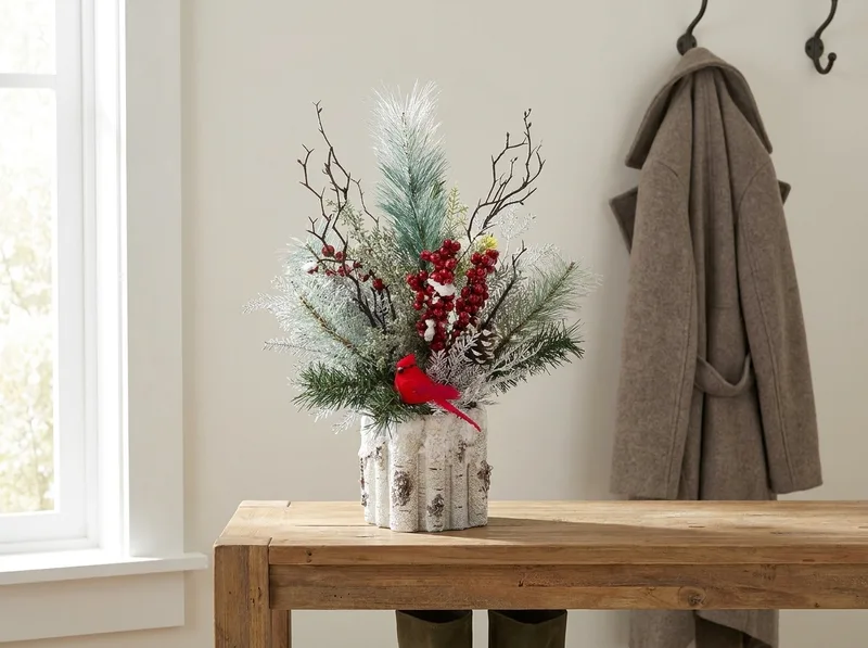 Winter Woods silk holiday accent on an entry console table
