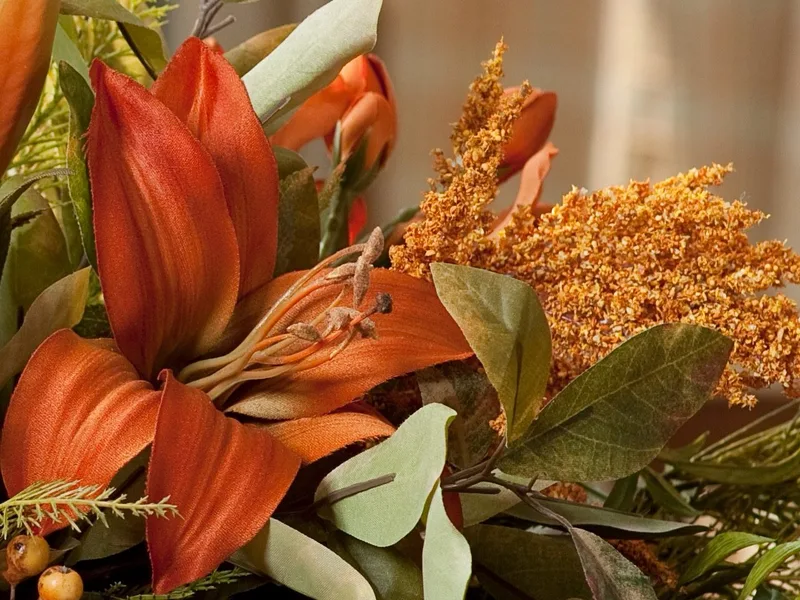 Close-up of rust silk day lilies with tapered buds and green foliage