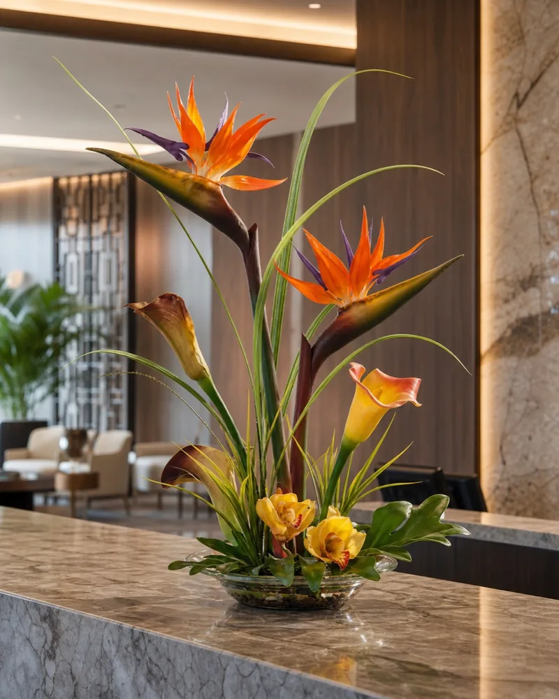 Bird of Paradise & Calla Lily centerpiece at a hotel reception