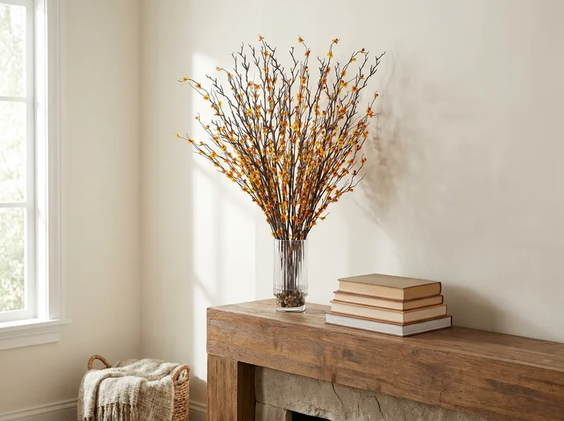 Bittersweet and birch silk arrangement on a fireplace mantel