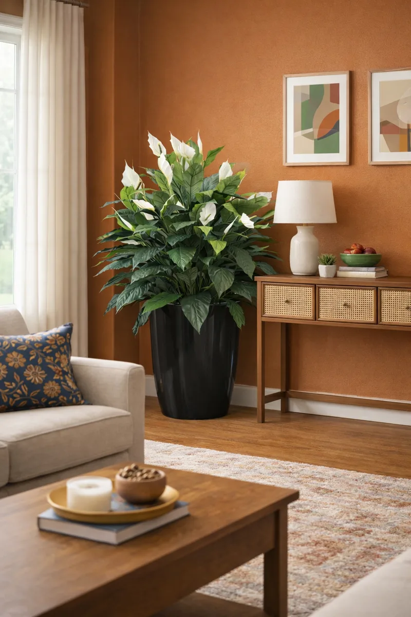 Two spathiphyllum plants flanking a console table