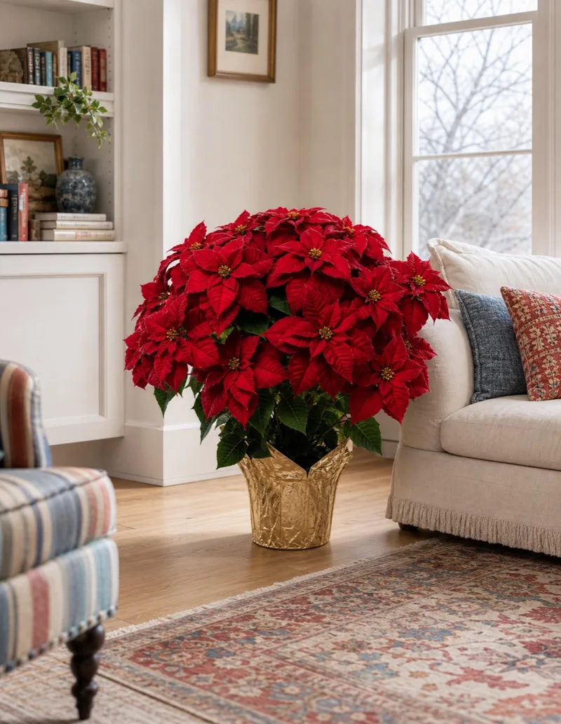 Premier Silk Poinsettia in a bright family room
