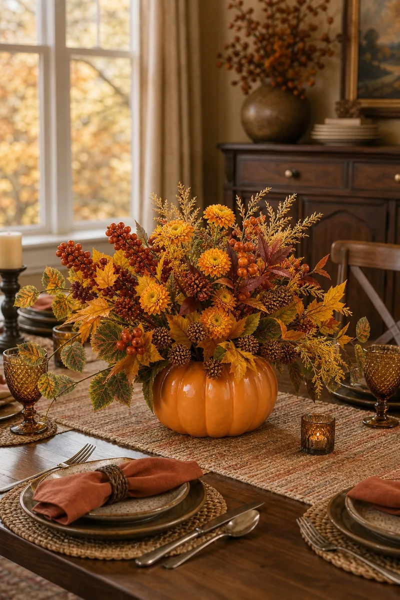 Pumpkin Harvest centerpiece on a dining table