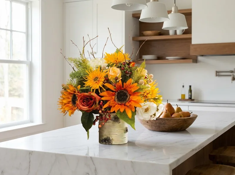 Autumn Sunrise silk flower centerpiece on a kitchen island