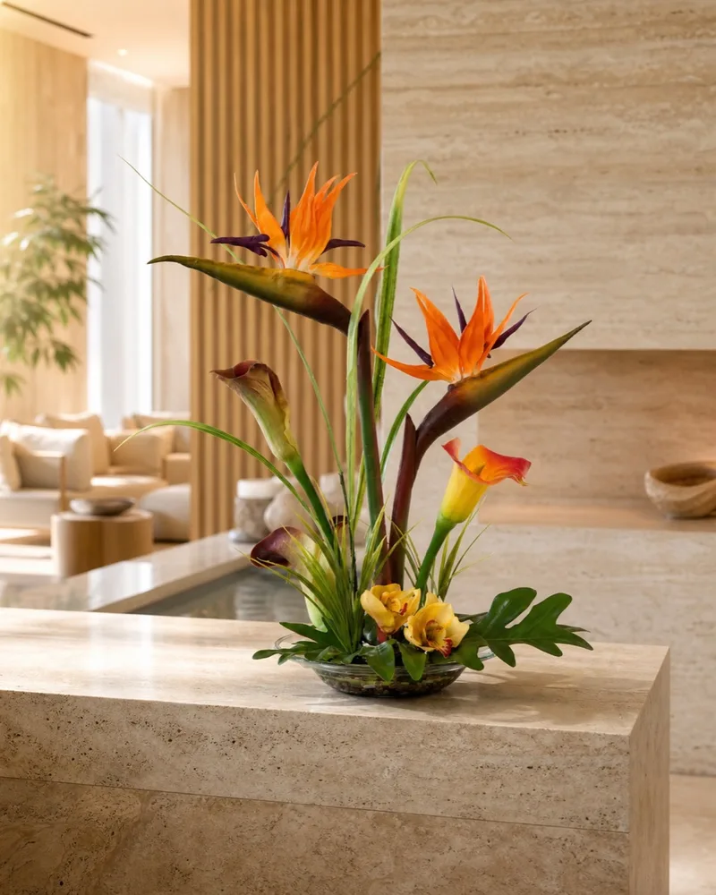 Bird of Paradise & Calla Lily centerpiece in a spa lounge