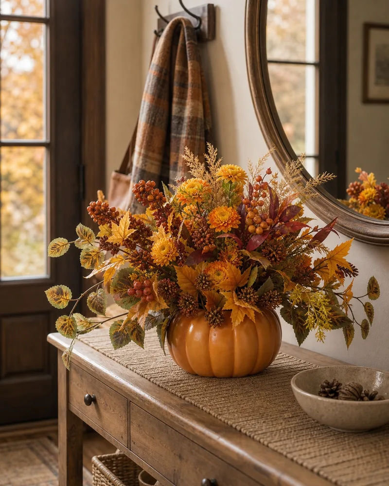 Pumpkin Harvest centerpiece on a fall entryway console